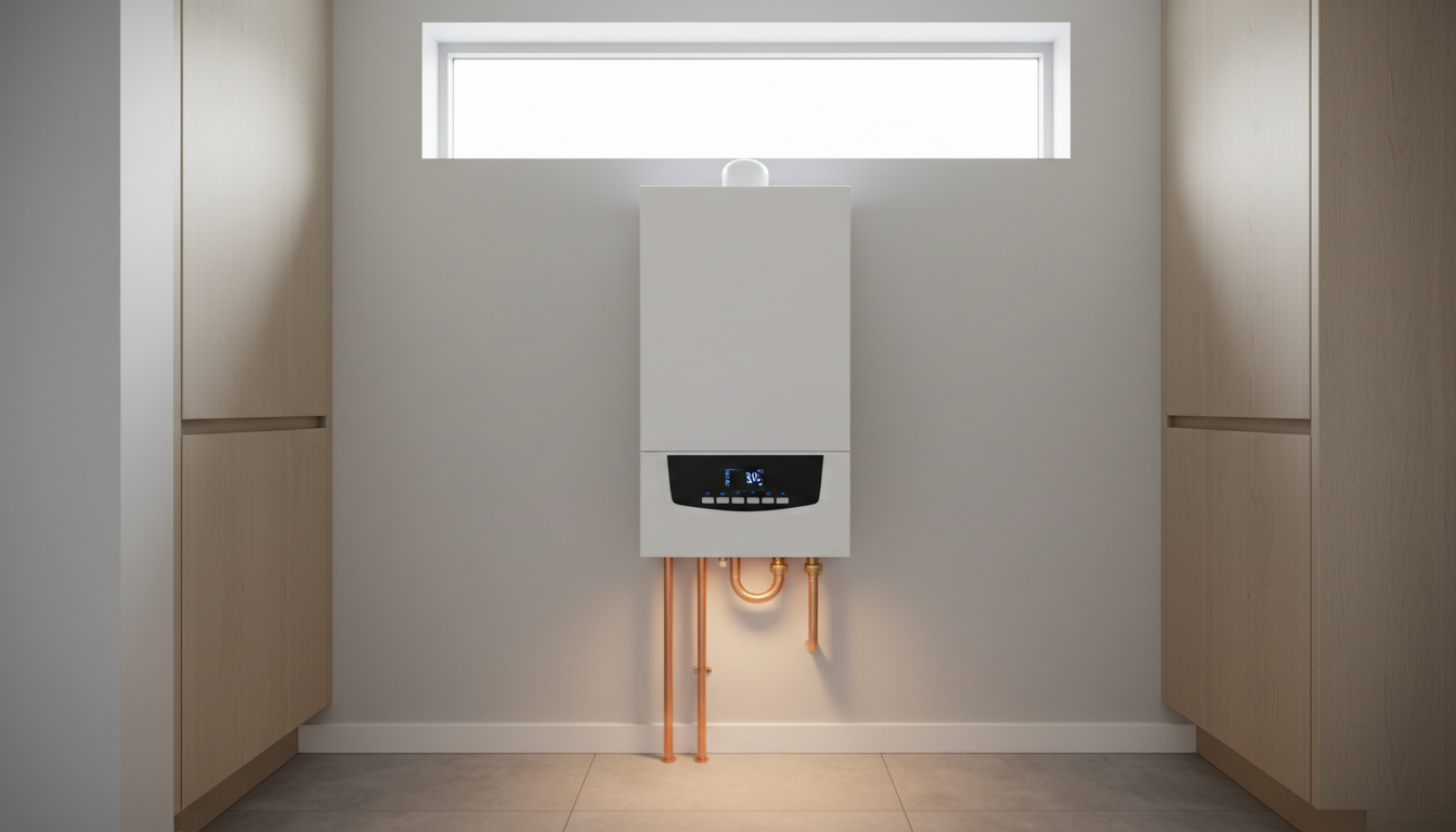 A meticulously maintained, wall-mounted modern gas combi boiler with a matte white steel exterior and distinct digital control panel, framed by sleek copper piping that shines under soft ambient light. The boiler is installed in a bright, immaculate utility room with smooth, pale gray walls and minimalistic built-in cabinetry. Diffused daylight streams in from a frosted window, subtly reflecting off the boiler’s clean surfaces and casting gentle shadows on the wall. The mood is reassuring and professional, evoking reliability and technical precision. The composition features a slightly elevated, frontal view with sharp focus on the boiler and shallow depth on the background, emphasizing clean lines and a modern, realistic visual style.